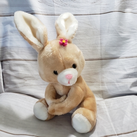 Vintage Russ Tan White Hugger Bunny Rabbit 10" Plush Stuffed Animal Pink Flower - Picture 1 of 9